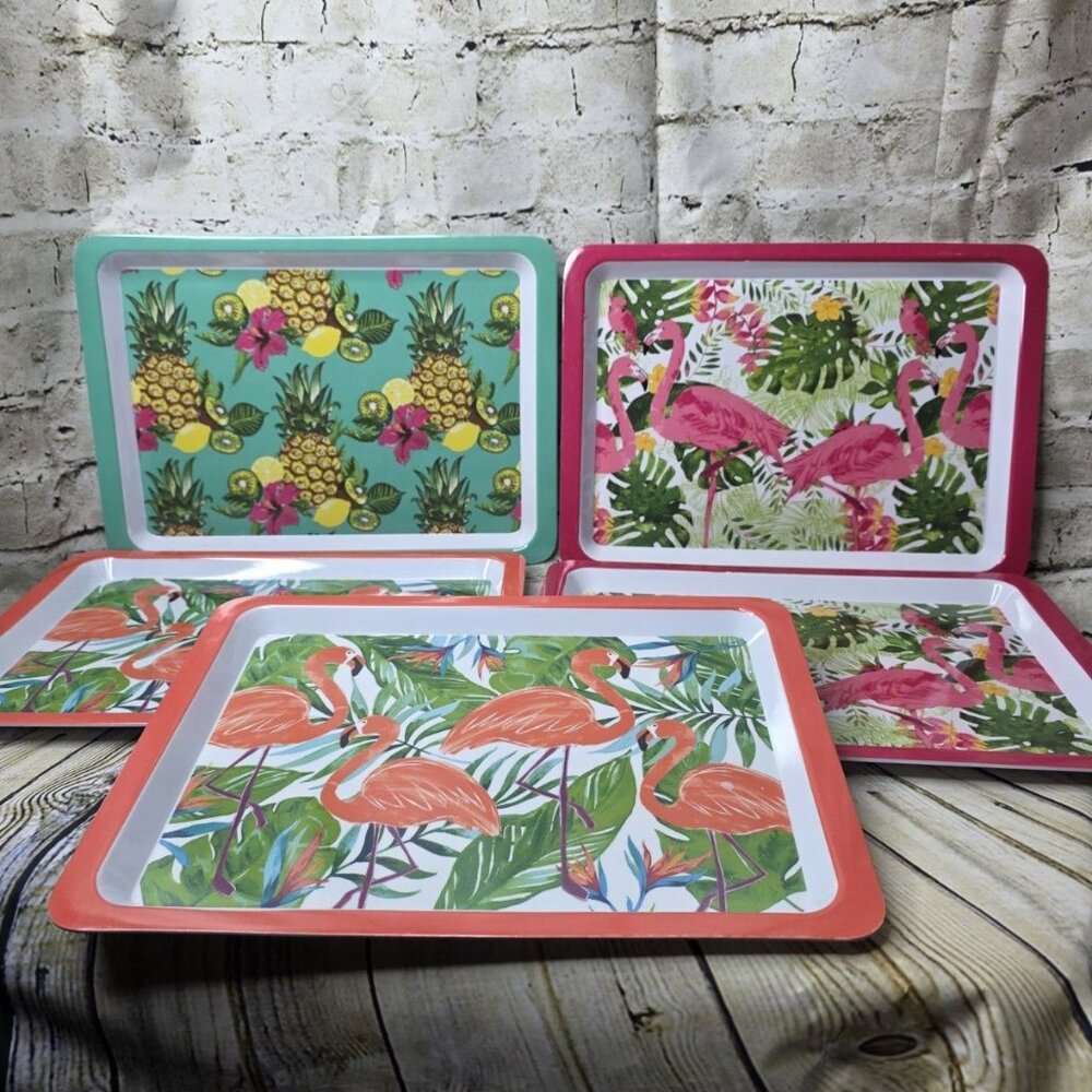 5 Melamine Durable Plastic PINK FLAMINGO Pineapple Serving Trays 10 x 14 x 3/4"